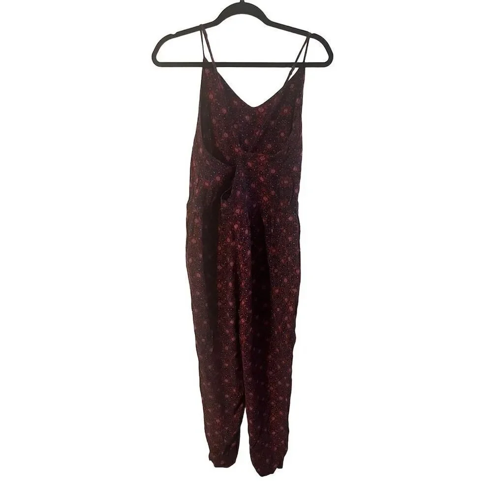 Free People Burgundy Floral Print Spaghetti-Strap Jumpsuit